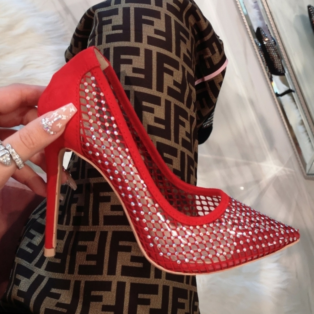 🍒last 7.5 🍓 Red  Sexy Fishnet pointed Heel - Picture 2 of 6